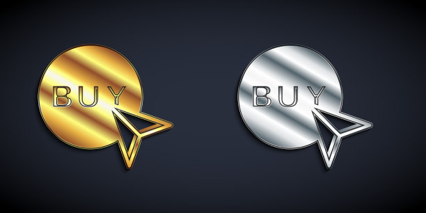 金色和银色购买按钮图标孤立在黑色图片下载