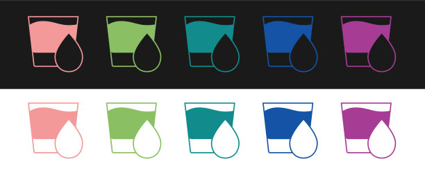 设置玻璃与水图标孤立在黑色和图片下载