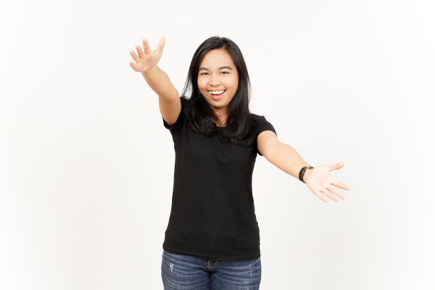 在白色背景上孤立的美丽亚洲女人提供拥抱图片下载