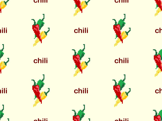 黄色背景上的辣椒卡通人物无缝图案。图片下载