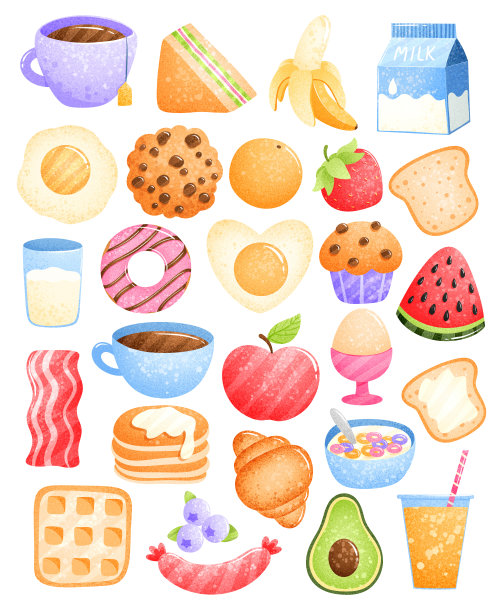 一套早餐插图。可爱的卡通食品。图片下载