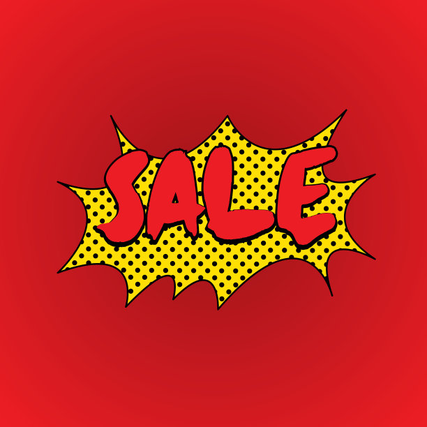 销售网点图案，漫画矢量插图EPS 10。波普艺术爆炸模板。复古的点状黄色语音泡泡。新潮的平面图像在红色的标志，应用程序，横幅，网页，设计，开发，ui, ux, gui。图片下载