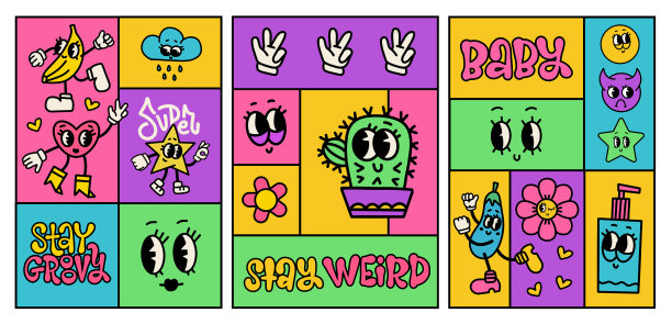 一套时髦的海报与疯狂的漫画面孔，令人毛骨悚然的字符和彩色几何轮廓形状。当代时尚的马赛克横幅与传统的漫画面孔，手在手套。矢量设计。图片下载