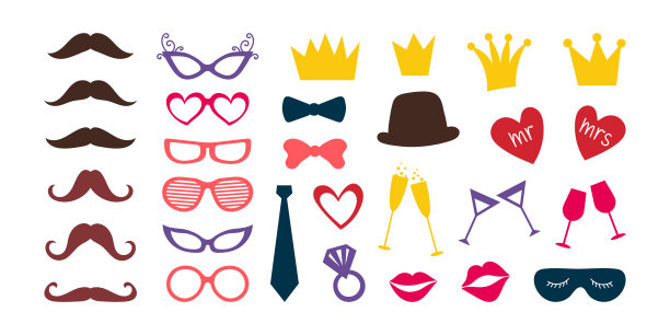 矢量派对配件集潮人复古复古时尚的观点。彩色图标设置照相亭道具在平面风格。图片下载