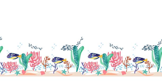 鱼无缝图案与珊瑚，海星和贝壳。图片下载