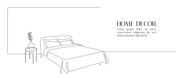 连续单线画双人床和桌子与花瓶和植物。斯堪的纳维亚风格的家具舒适的阁楼卧室简单的线性风格。可编辑的中风。画矢量图图片下载