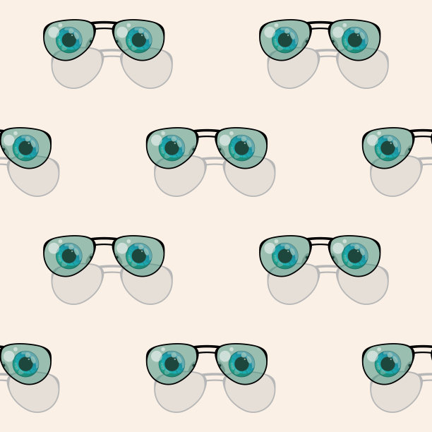 飞行员眼镜与黑色框架与绿色玻璃上的米色背景和蓝色的眼睛，无缝图案插图。图片下载