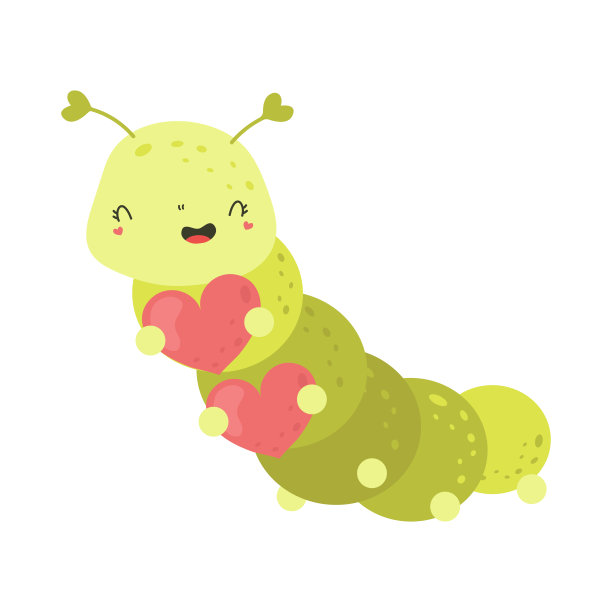 可爱的剪贴画毛毛虫插图在卡通风格。卡通剪贴画毛毛虫的心。图片下载