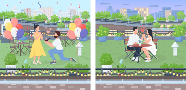 浪漫的情侣约会平面颜色设置图片下载