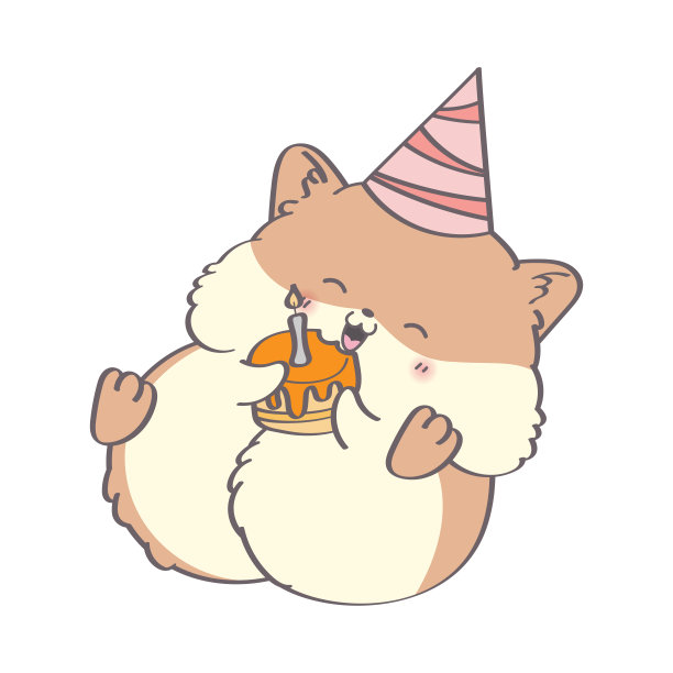 卡通可爱的仓鼠。仓鼠插图。戴着节日帽子的仓鼠，爪子上还拿着蛋糕。图片下载