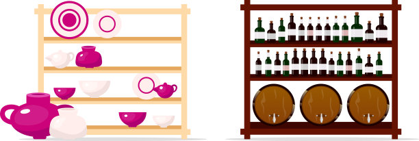 陶器和葡萄酒陈列平面颜色的物品设置图片下载