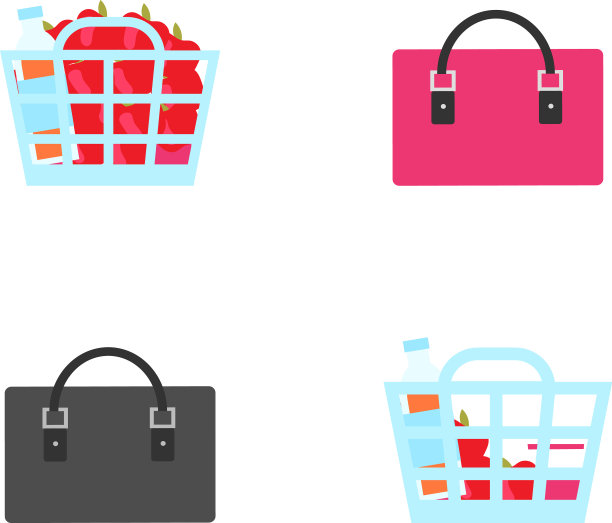 购物篮和袋平面颜色的对象设置图片下载