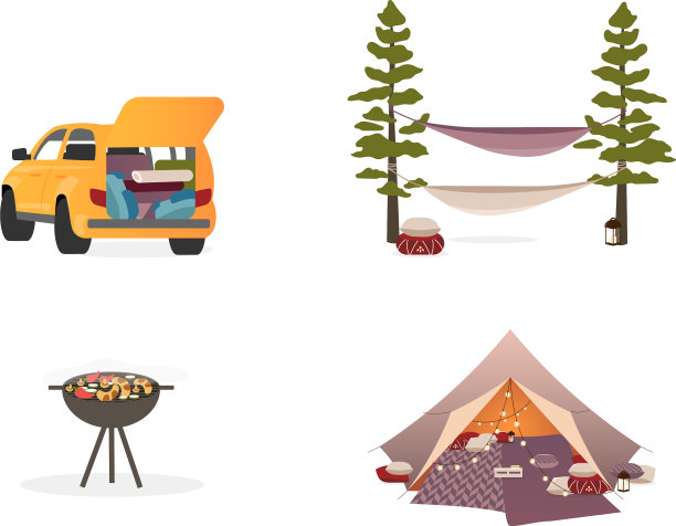 野餐用具平面颜色物品设置图片下载