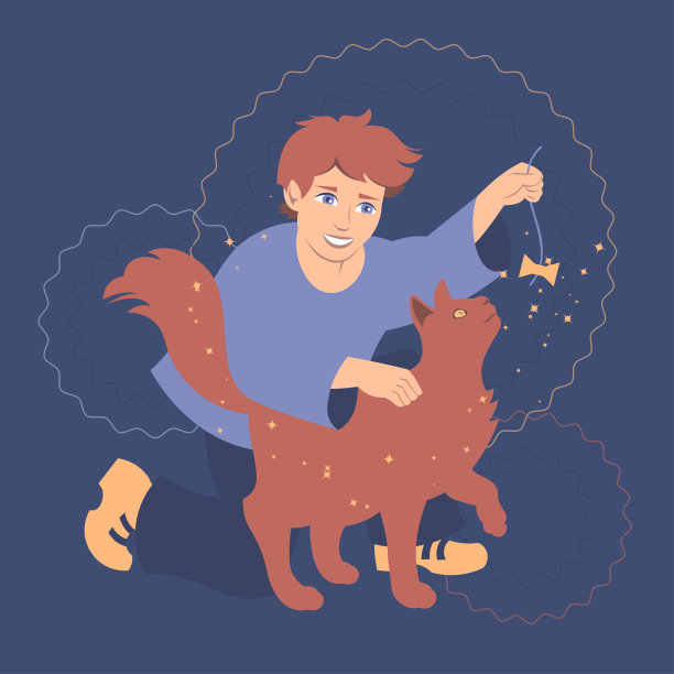 小男孩玩他的猫平面风格矢量插图。儿童和宠物系列。图片下载