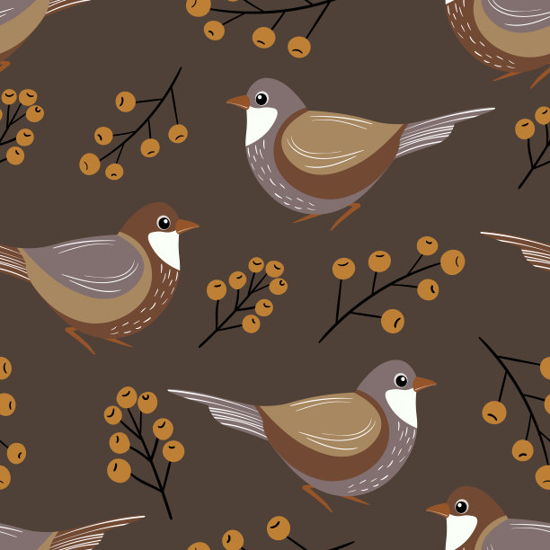 无缝图案，有趣的彩色鸟，花，树叶和浆果。彩色平面矢量插图与小卡通鸟。可爱的人物。设计邀请函，海报，卡片，纺织品，织物图片下载