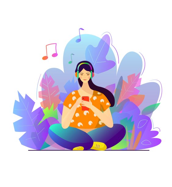 女孩看着手机，听着音乐。放松图片下载