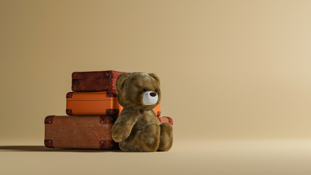一个泰迪熊坐在古董行李箱旁，3d渲染图片下载