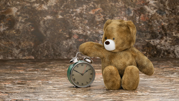 棕色泰迪熊和闹钟，3d渲染图片下载