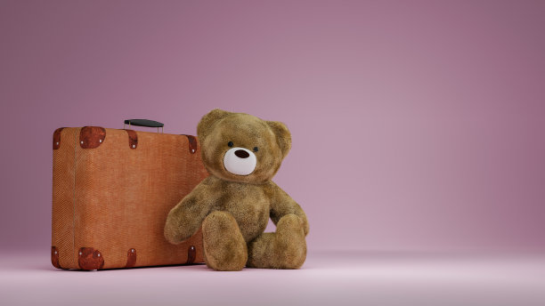 泰迪熊坐在古董行李箱旁，3d渲染图片下载