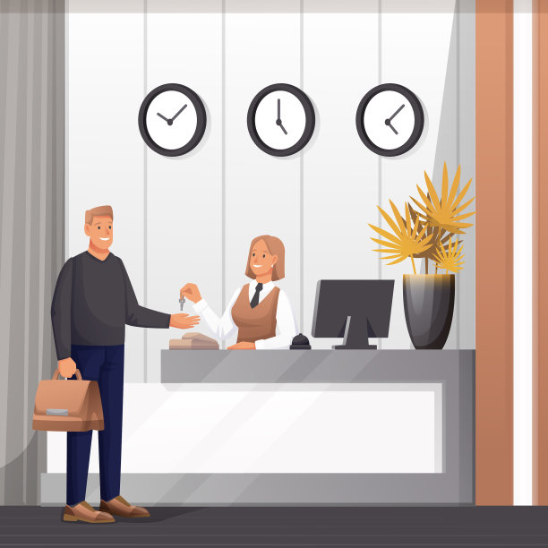 男子在酒店前台接钥匙现场图片下载