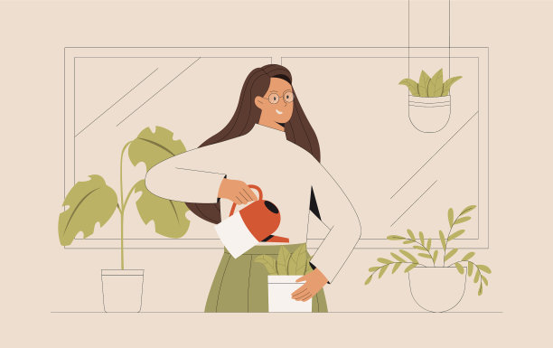 阳台上的年轻女子正在养花图片下载