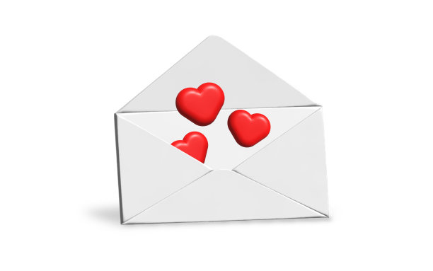 3D信封图标与心脏形状渲染图片下载