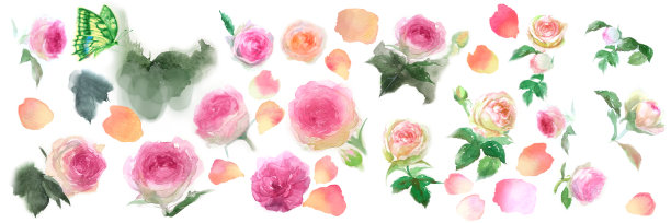 花圈水彩手绘集插图皮埃尔德朗萨德花圈与跳舞的玫瑰花瓣和粉红色的玫瑰图片下载