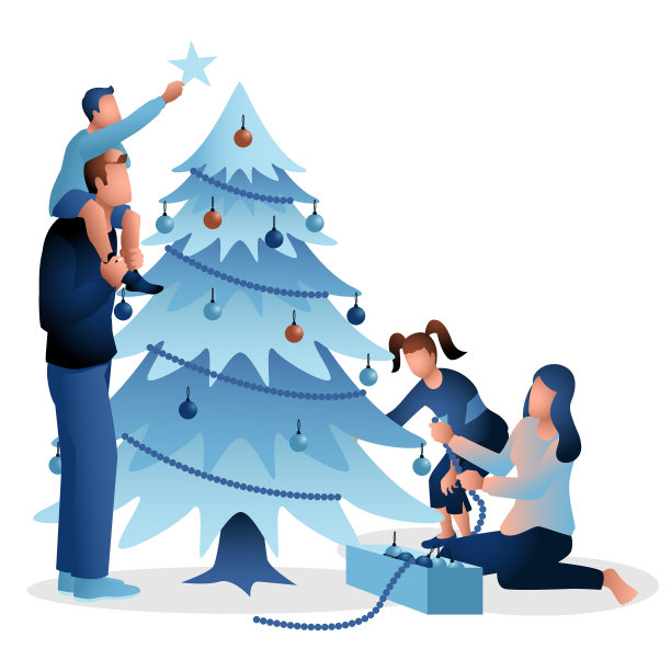 幸福的家庭用蓝色装饰圣诞树图片下载