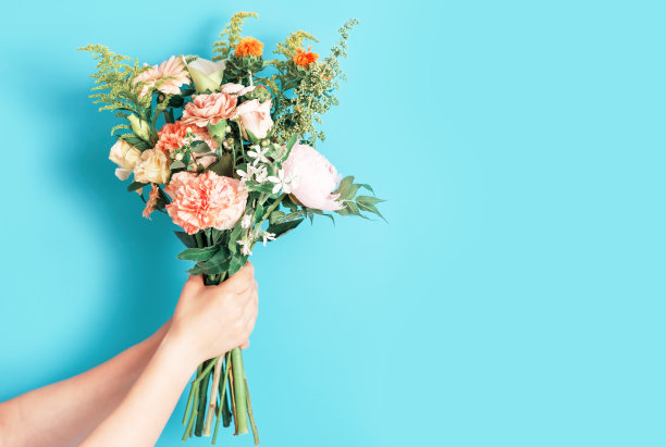 女性手拿着一束粉红色的花特写在蓝色的背景，复制空间。图片下载