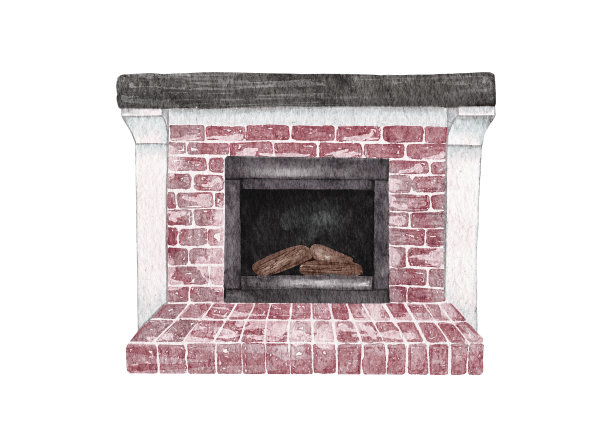 水彩壁炉。手绘假日插图与内部对象孤立在白色背景设计，打印图片下载
