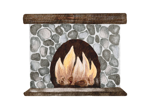 水彩壁炉。手绘假日插图与内部对象孤立在白色背景设计，打印图片下载