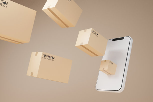 智能手机空白显示与包裹箱飞行递送。概念为快速送货服务。送货和网上购物的概念。3 d渲染图图片下载