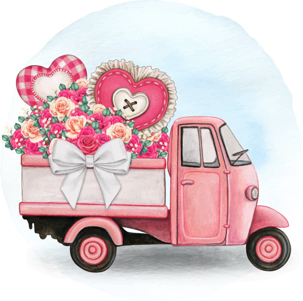 水彩画可爱的粉红色卡车，装满了粉红色的玫瑰图片下载