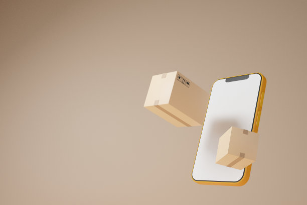 智能手机空白显示与包裹箱飞行递送。概念为快速送货服务。送货和网上购物的概念。3 d渲染图图片下载