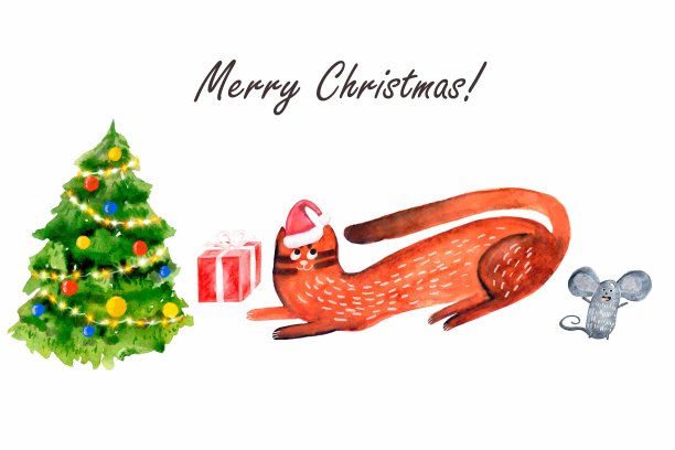 水彩插图，一个有趣的棕色猫在圣诞老人的帽子，附近的圣诞树，一个礼物在一个盒子，字符，卡通，老鼠。图片下载