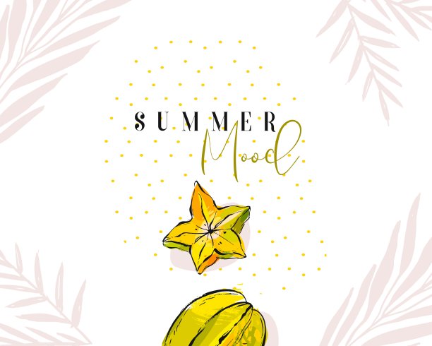 手绘矢量抽象艺术装饰头部模板异国水果杨桃，棕榈叶和现代书法引用夏季情绪孤立在白色背景。图片下载