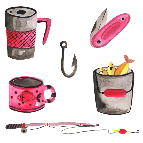 一套钓鱼娱乐和捕捉的水彩画图片下载