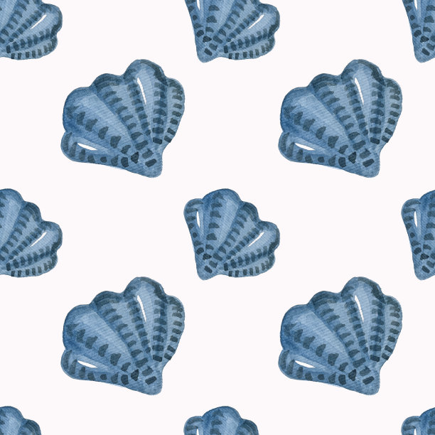 水彩无缝图案蓝色海军水下贝壳。图片下载