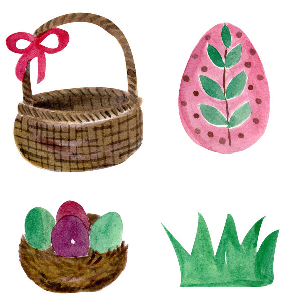 水彩插图-黑鸟巢与鸡蛋和篮子与鸡蛋，复活节装饰图片下载