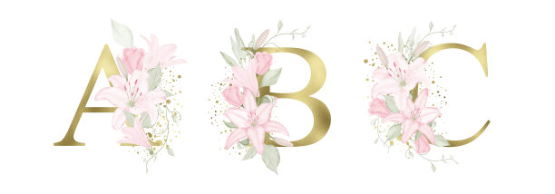 水彩金色花字母集粉红色的花，软绿色的叶子和金色的飞溅。花的信件。婚礼请柬，宝宝洗礼，升华设计，生日，其他概念创意。图片下载