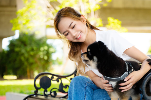 快乐的年轻亚洲女人在公园里和她的狗一起坐在长椅上玩耍。宠物情人的概念素材图片