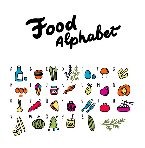 食物字母手绘矢量插图卡通风格的涂鸦艺术图片下载