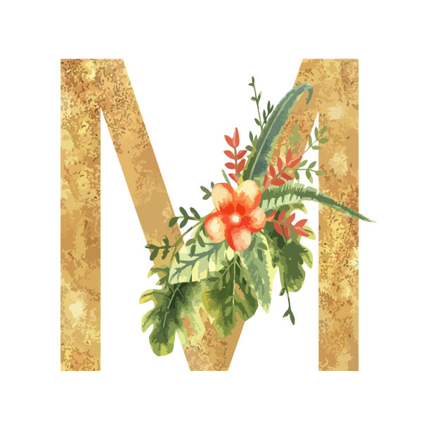 英文字母表中的金色字母M，配上一束由热带树叶和鲜花组成的水彩画。手绘矢量图图片下载