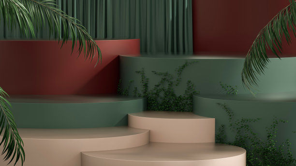 现代红色，绿色和米色基座与棕榈叶和窗帘背景- 3D插图图片下载