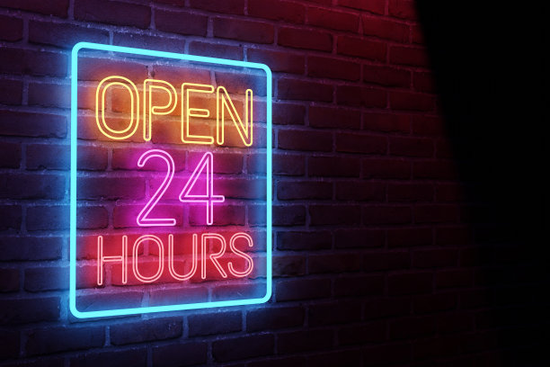 霓虹灯24小时开放招牌在砖墙背景上，3D插图图片下载