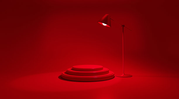 红色落地灯，空房间有灯泡。空间。3 d渲染图像。Torchiere。现代风格图片下载