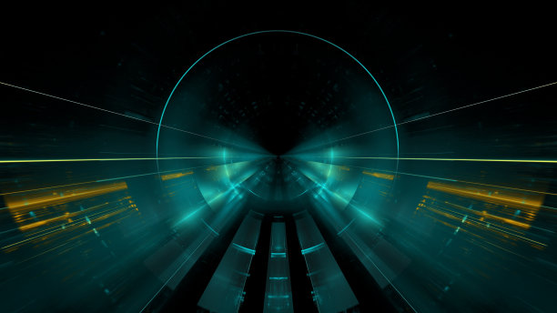 在太空中高速超高速跳跃，在隧道中加速运动。模糊的前进运动，发光的光束在隧道。三维渲染图片下载