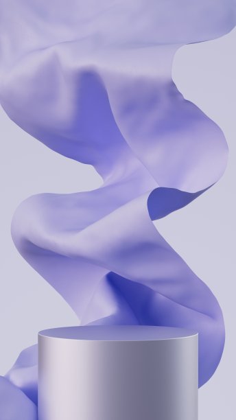3d模型平台与飞行的布。插图在潮流淡紫色的颜色。产品和化妆品展示的垂直背景。图片下载