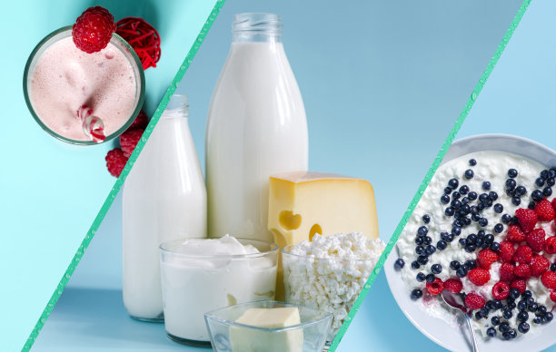 牛奶制品的图片拼贴。牛奶、开菲尔酒、酸奶油、奶酪、黄油、白软干酪和奶昔放在一个玻璃容器中，在一个浅色的背景上。图片下载