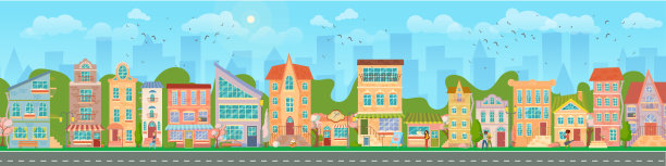城市街道的野花。明亮的房屋，步行的行人，开花的树木，城市全景。商店和商店。春天的城市。矢量插图在卡通风格。图片下载